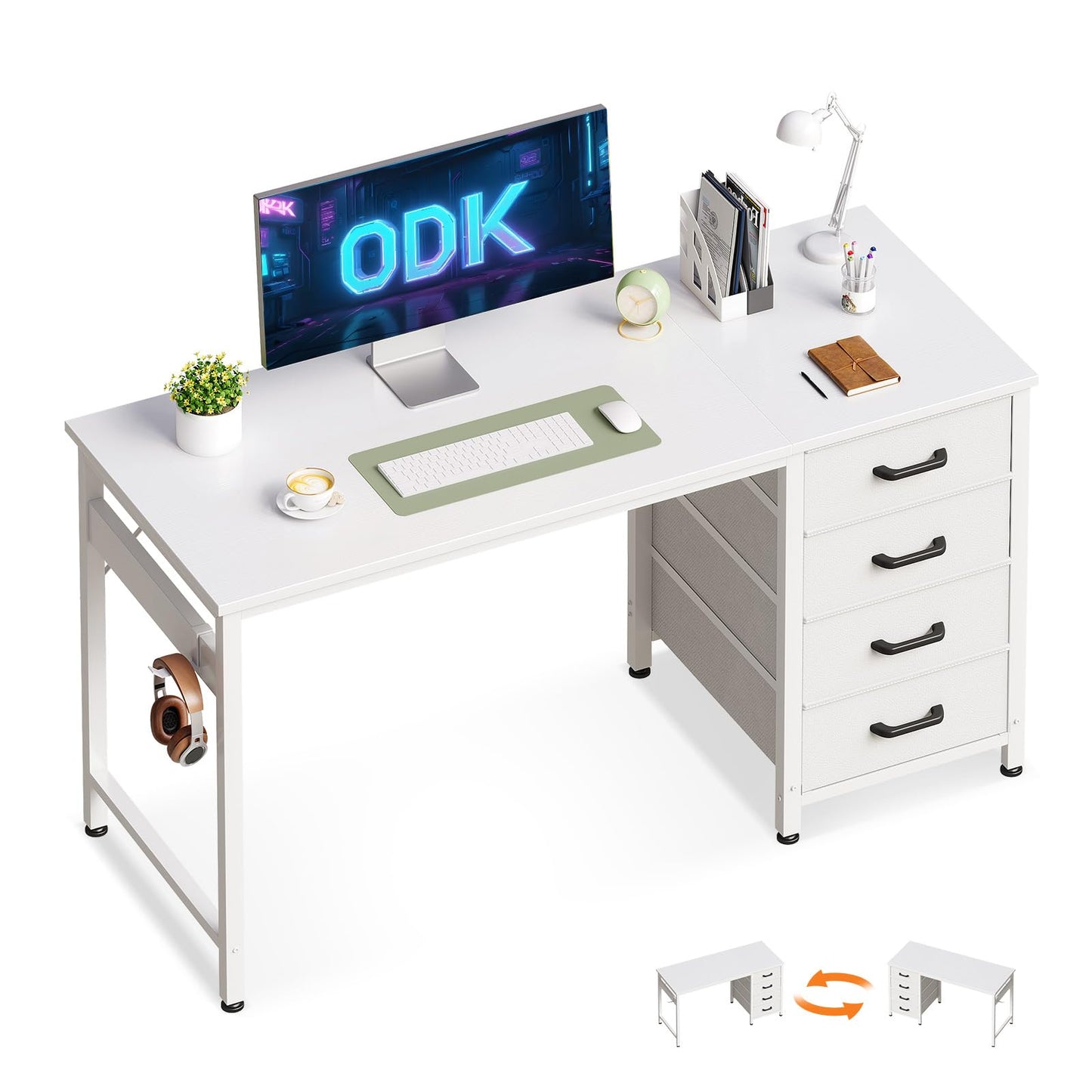 ODK Computer Desk with Drawers, Reversible Office Desk, 120 x 48 cm, White