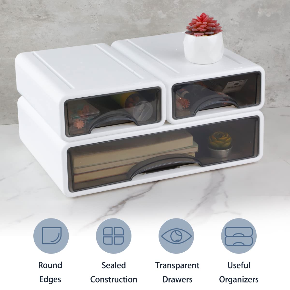 3Pcs Desk Organizer Drawers, Stackable Desktop Storage Box with 3 Drawers, Office Drawer Organizer Containers, Desk Organization Accessories for Home