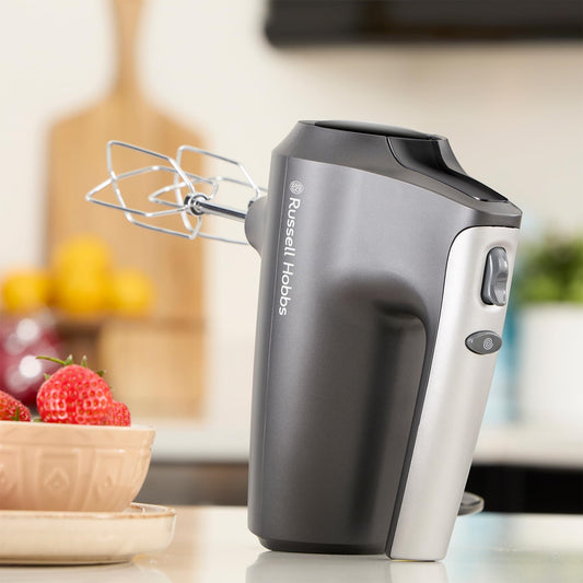Russell Hobbs Hand Mixer (Electric whisk for baking, 5 Speeds + Turbo Mode, Dishwasher safe chrome beaters & dough hooks, Bowl & heel rest feature,