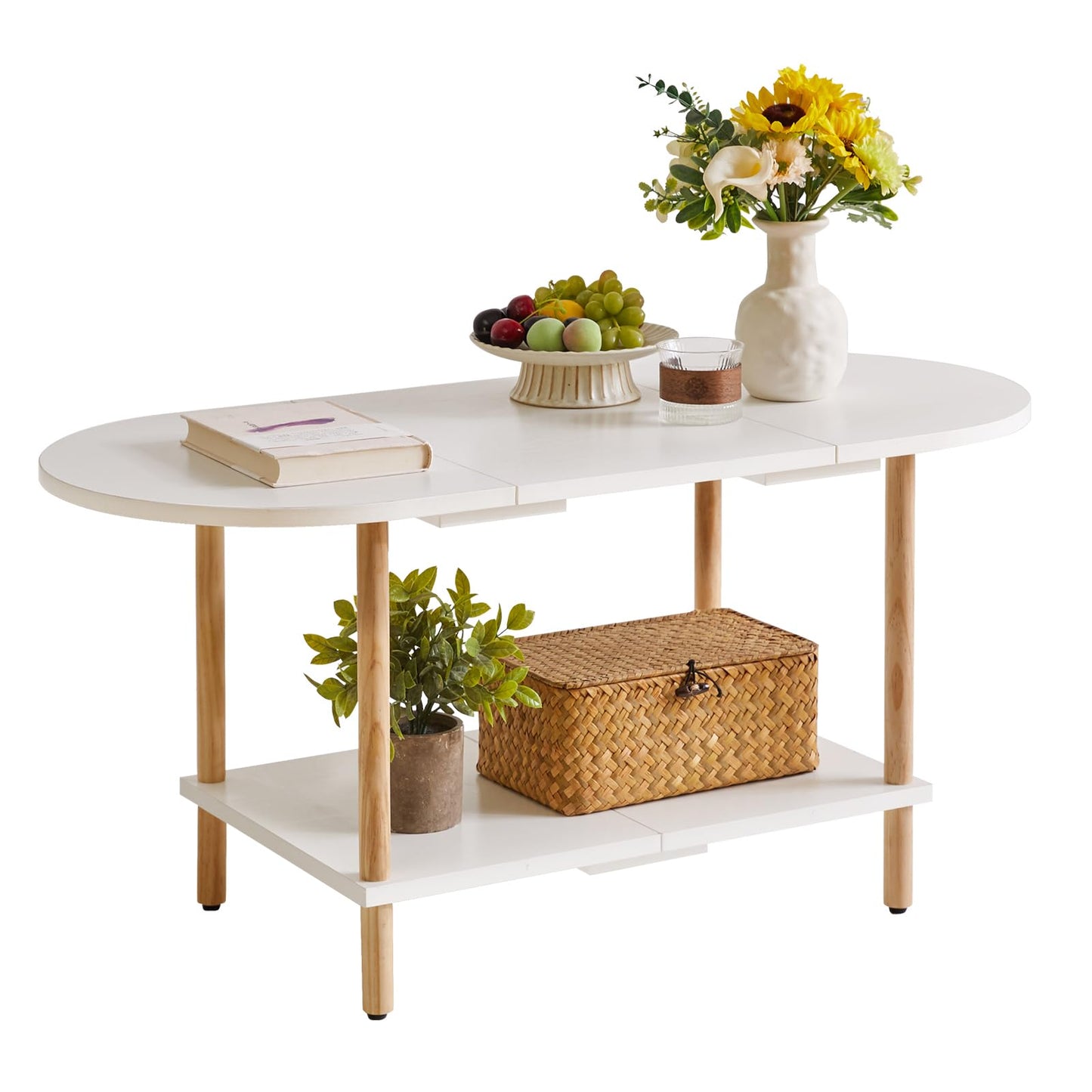 Aibiju Oval Coffee Table White, Small Wooden Coffee Table for Small Space, Splicing Design 35 * 16 * 17in