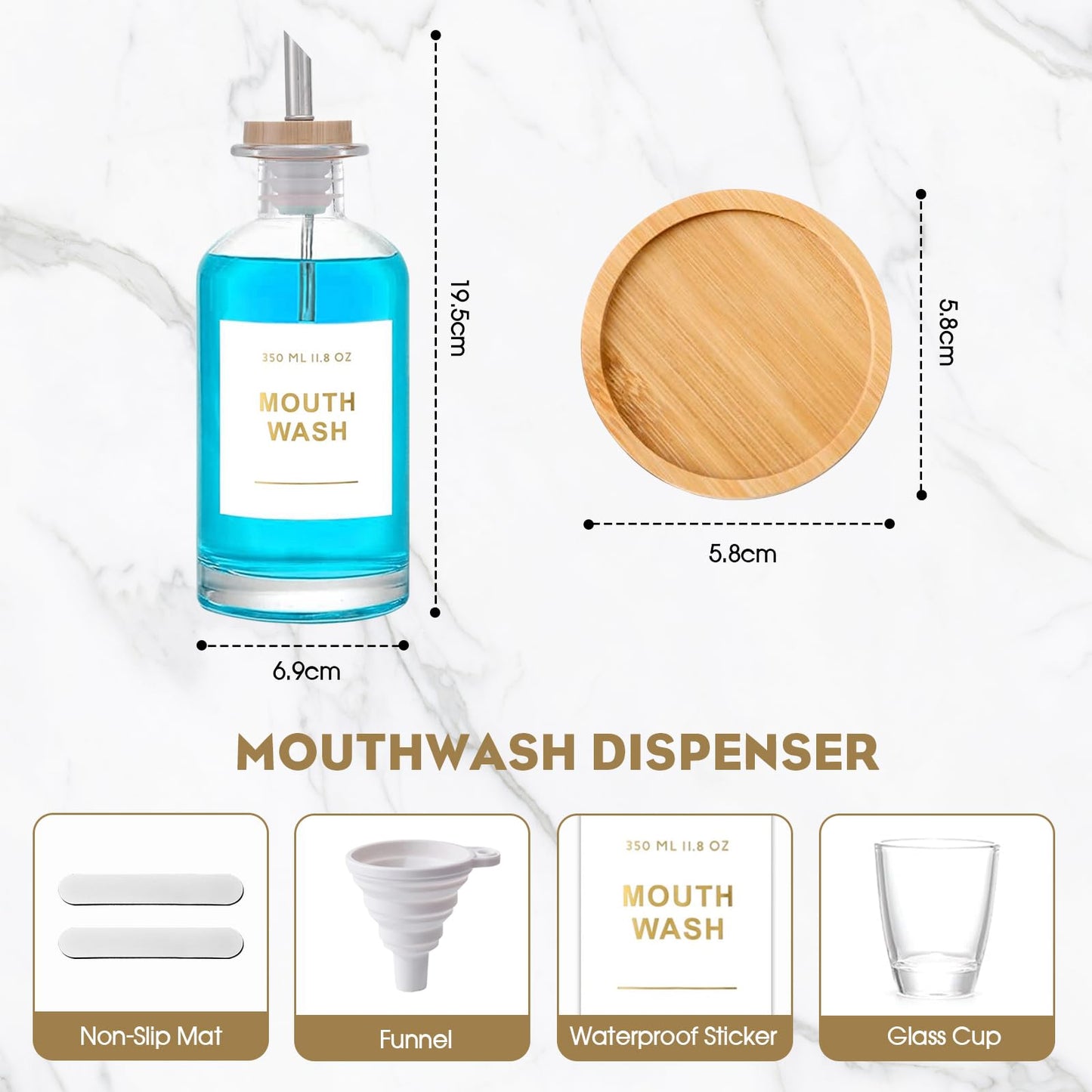 ZhouZGlass 12OZ/350ML Mouthwash Dispenser, Glass Mouthwash Decanter for Bathroom with Stainless Steel & Bamboo Nozzle, Reusable Mouthwash Cup