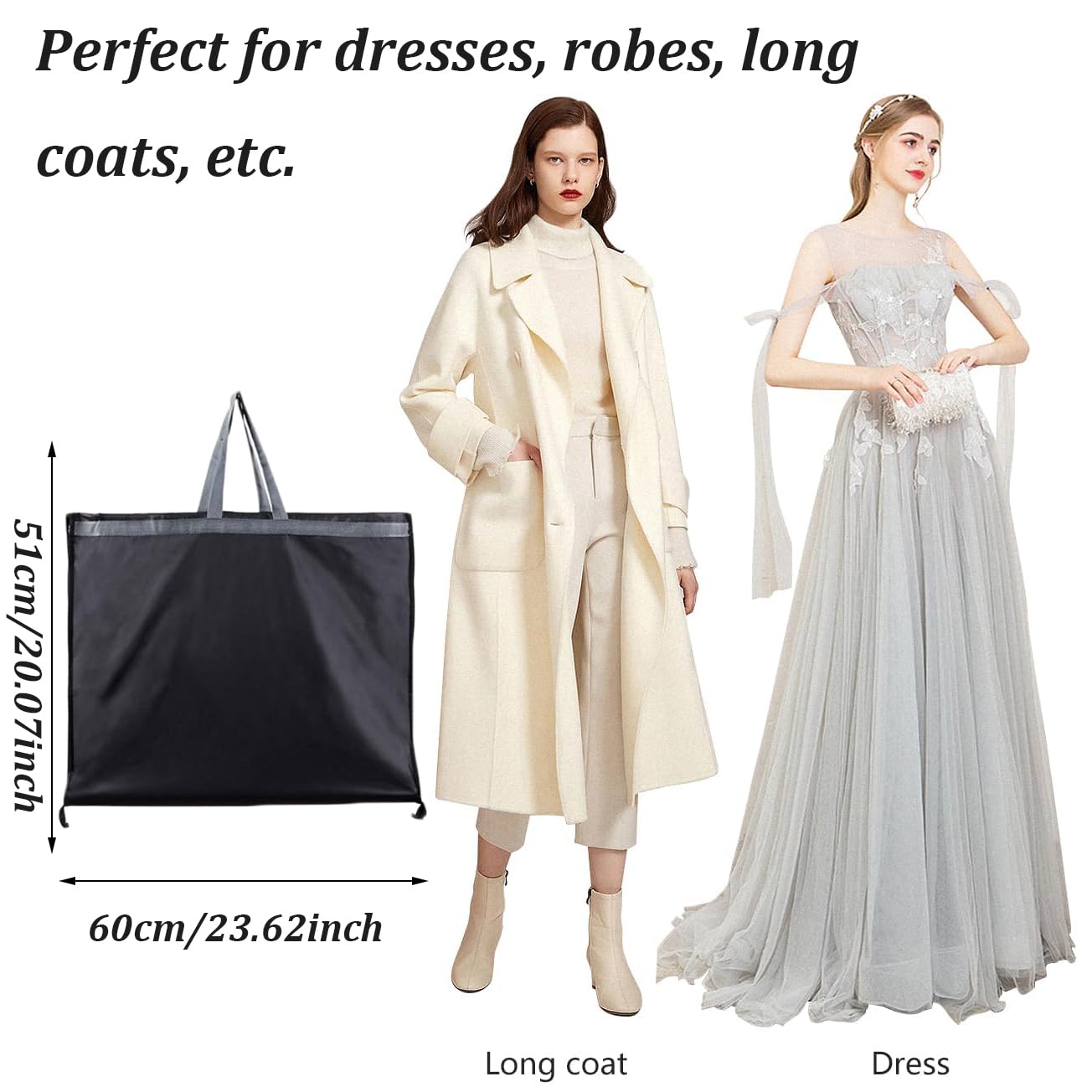 Dress Bags Covers long, Hanging Garment Bags Waterproof Dustproof Clothes Covers for Gowns, Wedding Dress, Trench Coats, Suits (60cm*140cm) - Black