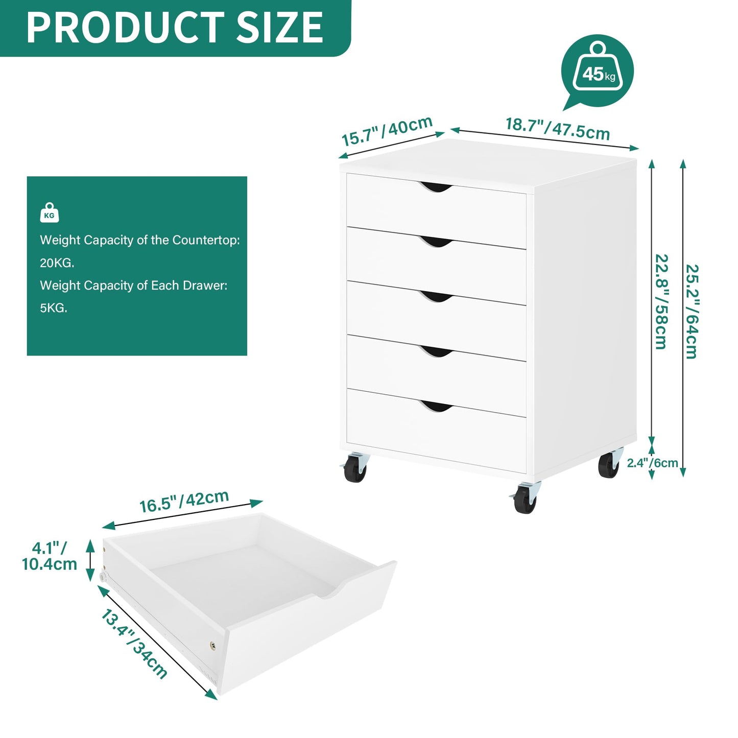 YITAHOME 5 Drawer Mobile Rolling File Cabinet,Wooden Filing Cabinet for A4, Letter Size Document, Under Desk File Storage Cabinet