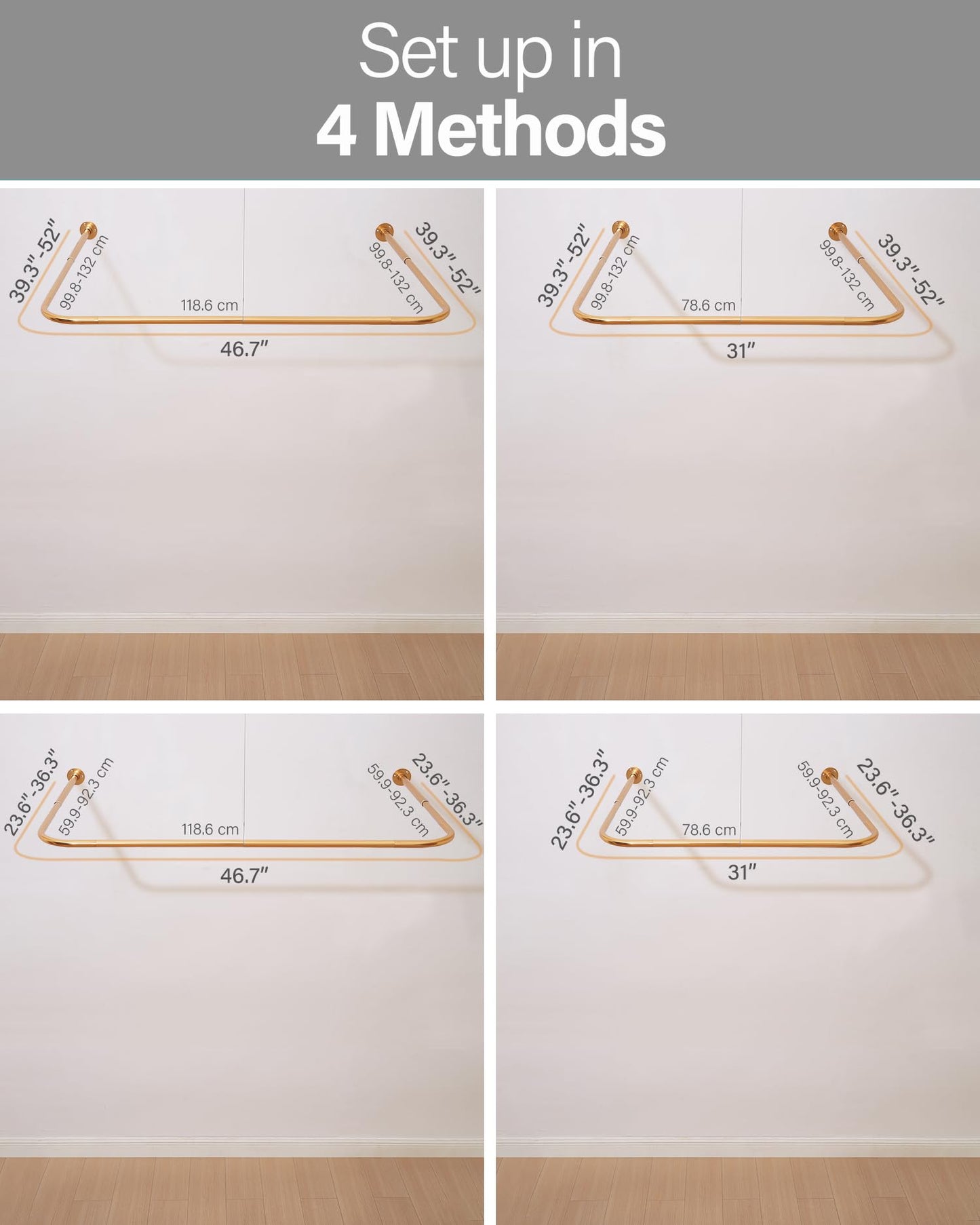 Yampos U Shaped Shower Curtain Rail, [Both Sides: 60 cm - 132 cm, Middle: 76,2 cm