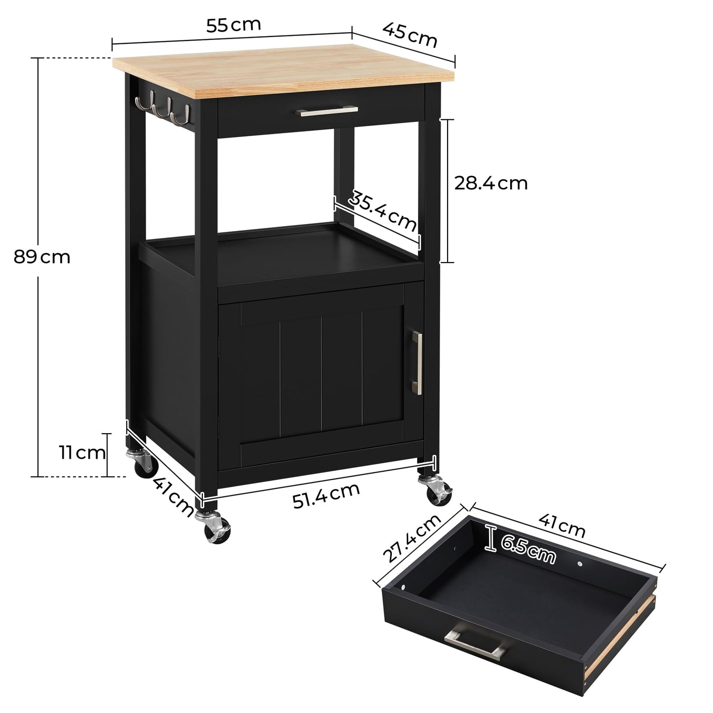 Yaheetech Rolling Kitchen Storage Trolley Cart with Cabinet, Drawer Black
