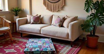 CRAFT KALA Indian Square Patchwork Traditional Pouf Cover Indian Living Room Poufs Decorative Embroidered Designer Ottoman Home Living Footstool