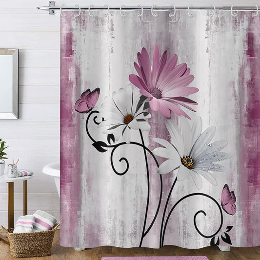 Hnmdmyi Farmhouse Floral Shower Curtain 180x200, Rustic Pink Daisy Flowers and Butterfly on Country Wooden Board Bathroom Curtains Waterproof