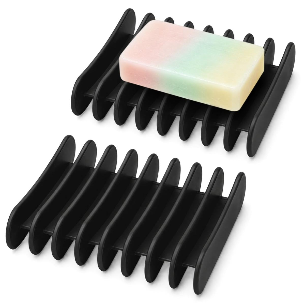 Langerspur Silicone Soap Dish 2 Pack Bar Soap Holder Self Draining Soap Tray Dishes for Bathroom Shower Kitchen Sink Travel Black