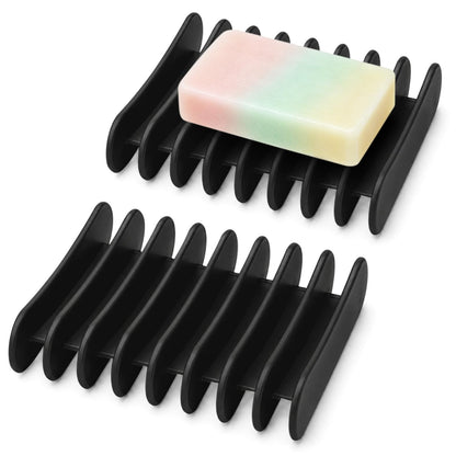 Langerspur Silicone Soap Dish 2 Pack Bar Soap Holder Self Draining Soap Tray Dishes for Bathroom Shower Kitchen Sink Travel Black