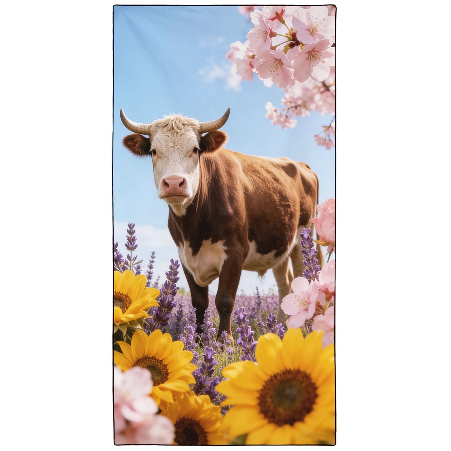Violetpos Cow in Sunflowers & Lavender Beach Towel, Extra Large 180x90 cm 250GSM Microfibre, Sand Free Quick Dry