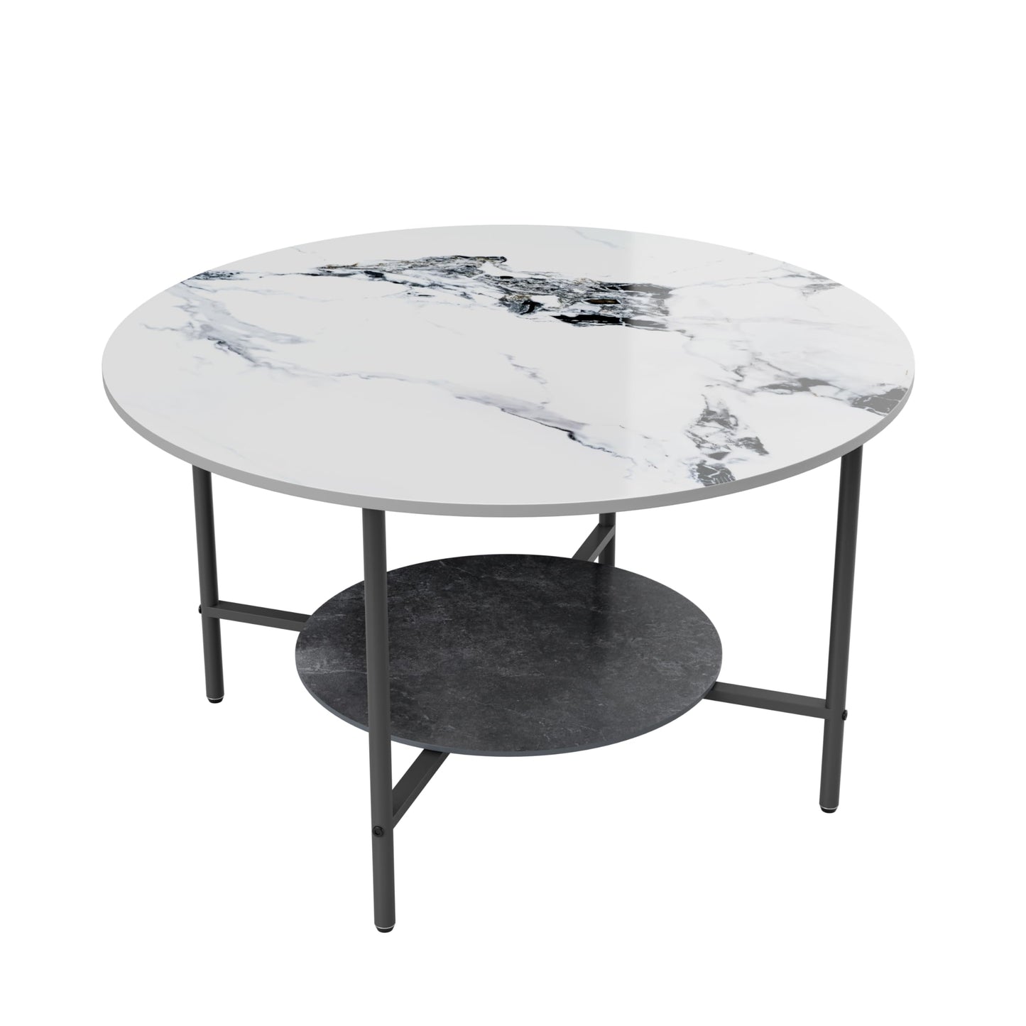 Round Coffee Tables Sintered Stone: 2-Tier Circle Coffee Tables 80 cm White Black Textured Marble Table Top with Sturdy Aluminum Frame Couch Center