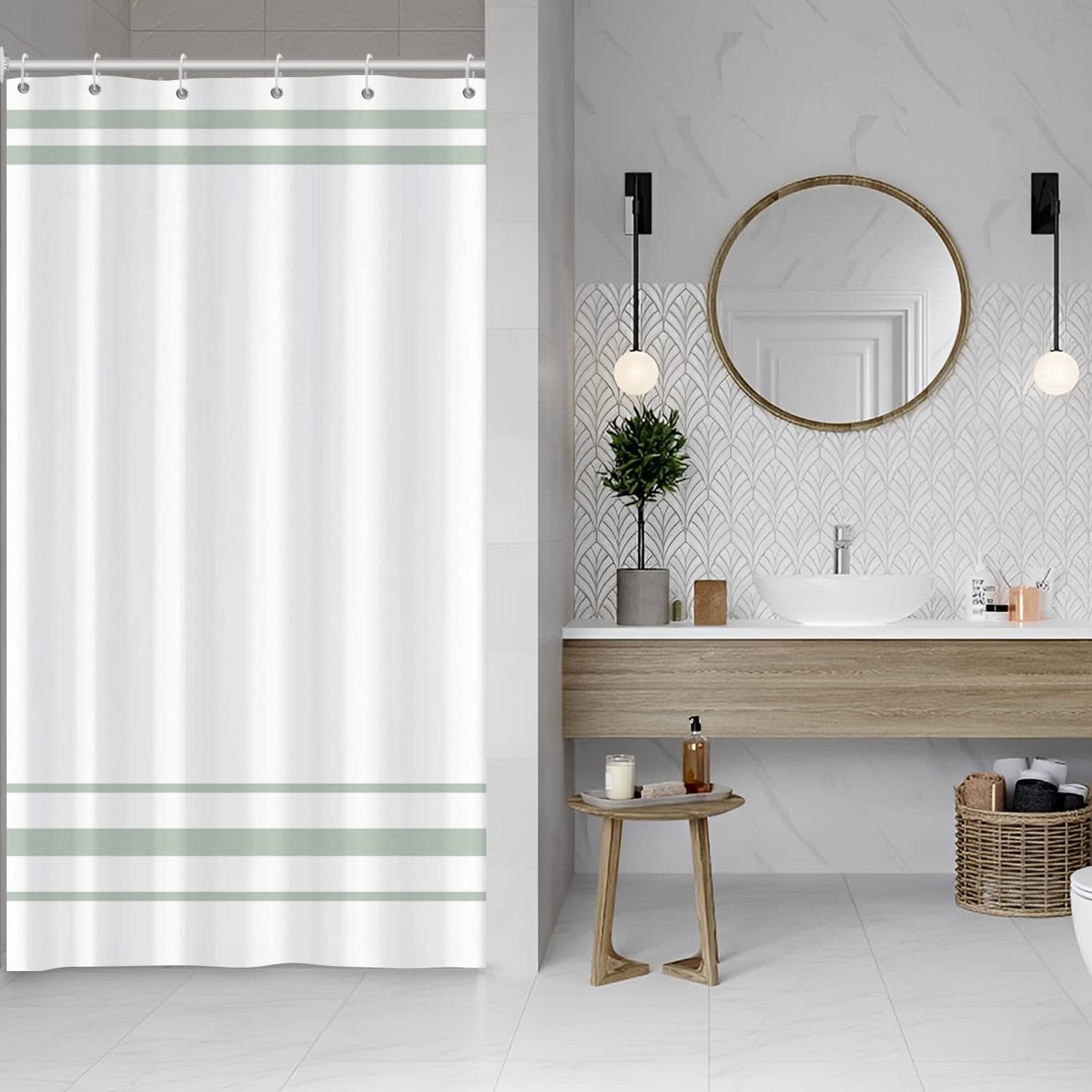 SDOTPMT 90x180cm Green and White Shower Curtain Modern Classic Green Striped Bath Curtain Countryside Farmhouse Minimalism Bathtub Curtain for