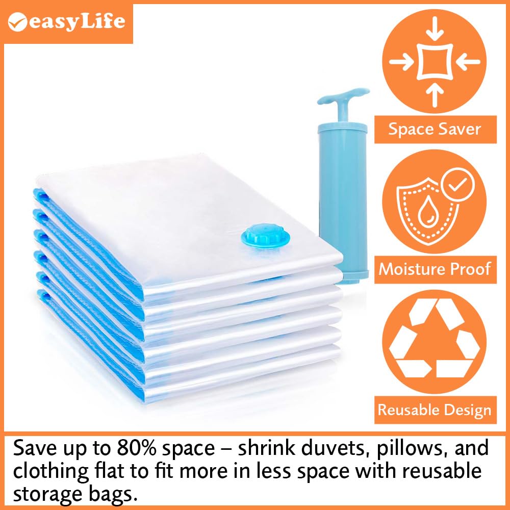 Easylife Vacuum Storage Bags (Set of 6) 5x Large Storage Bags (80x60cm), 1x Jumbo Bag (80x100cm) and 1x Hand Pump, Airtight Duvet