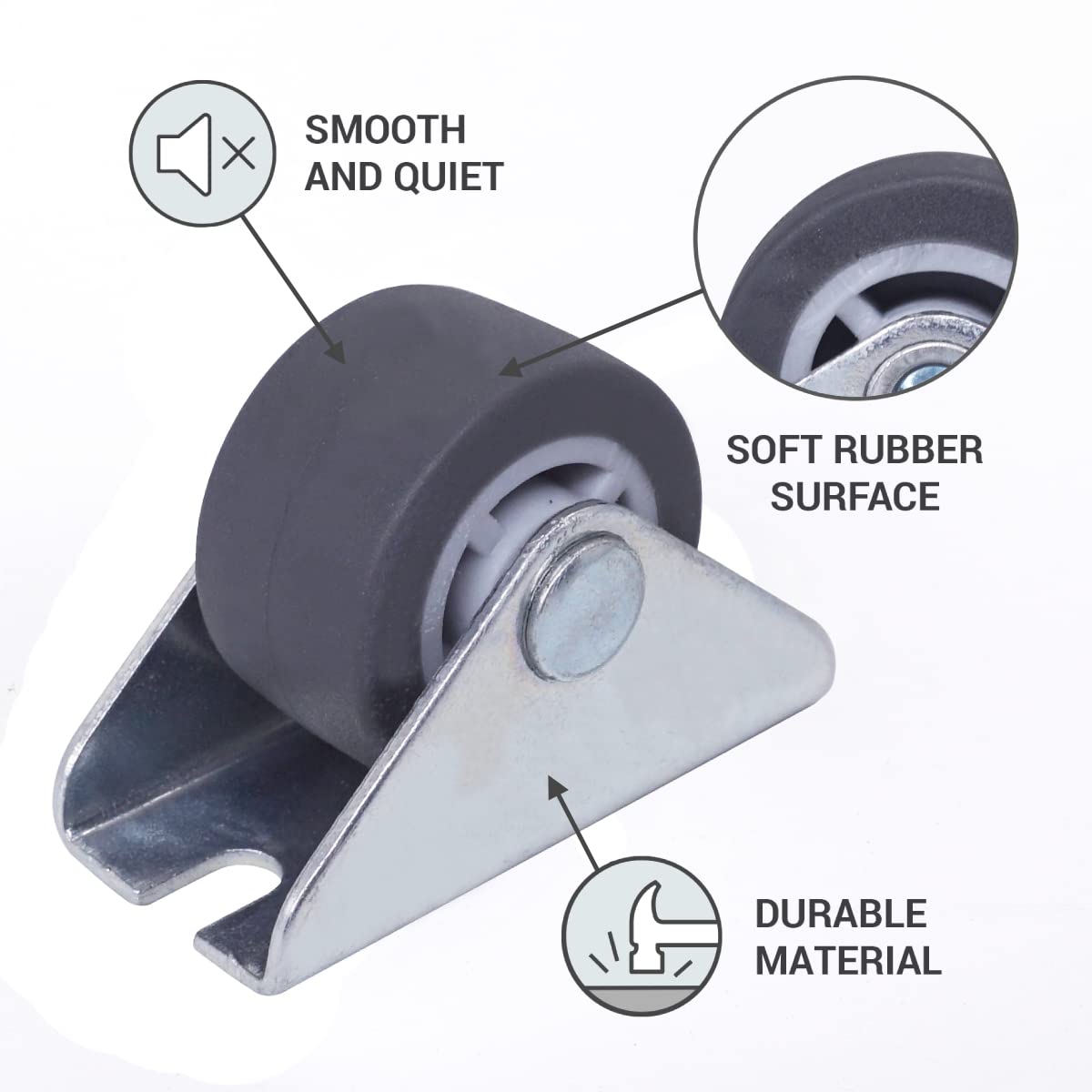SKIR'CO (8 pcs) Small 25 mm Rubber Wheels, Furniture Castors, Fixed Casters, One-Way Direction, Non-Swivel