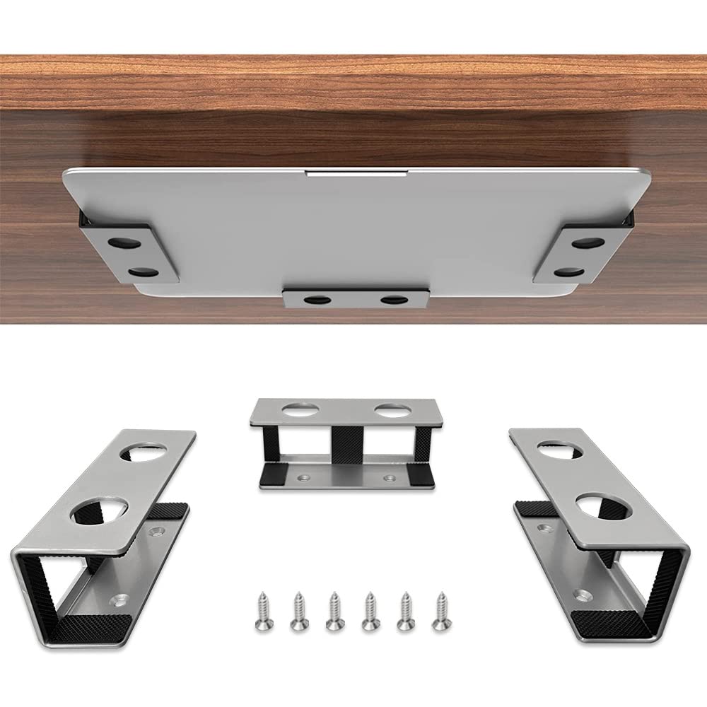 JEMACHE Under Desk Laptop Mount, Metal Under Table Desk Holder for Laptop, Mac Mini, MacBook, Keyboard with Anti-Scratch Silicone (Silver)