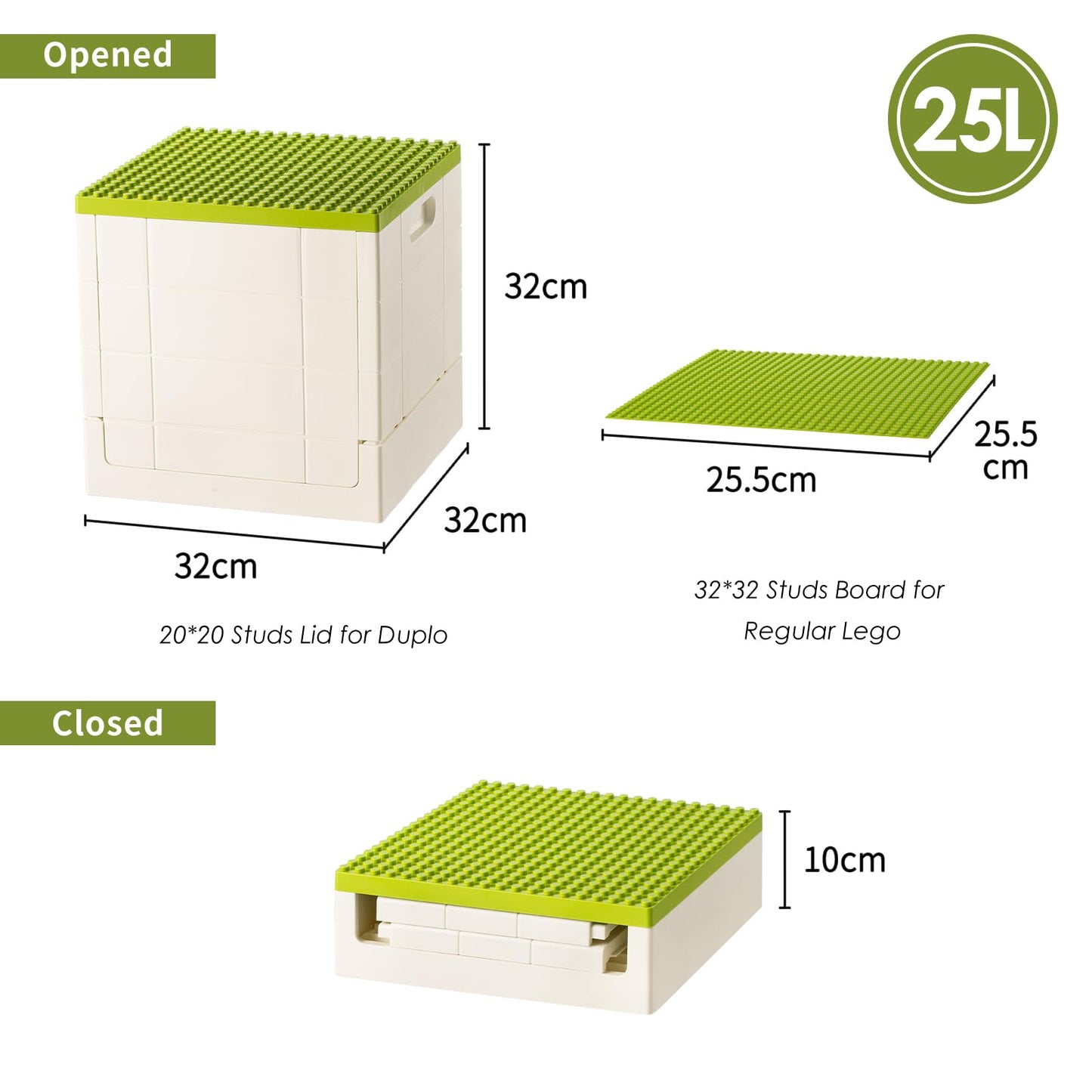 SHIMOYAMA Collapsible Storage Box with Baseplate Lid for Duplo, 25L Stackable Bin with Separate Building Board for Lego