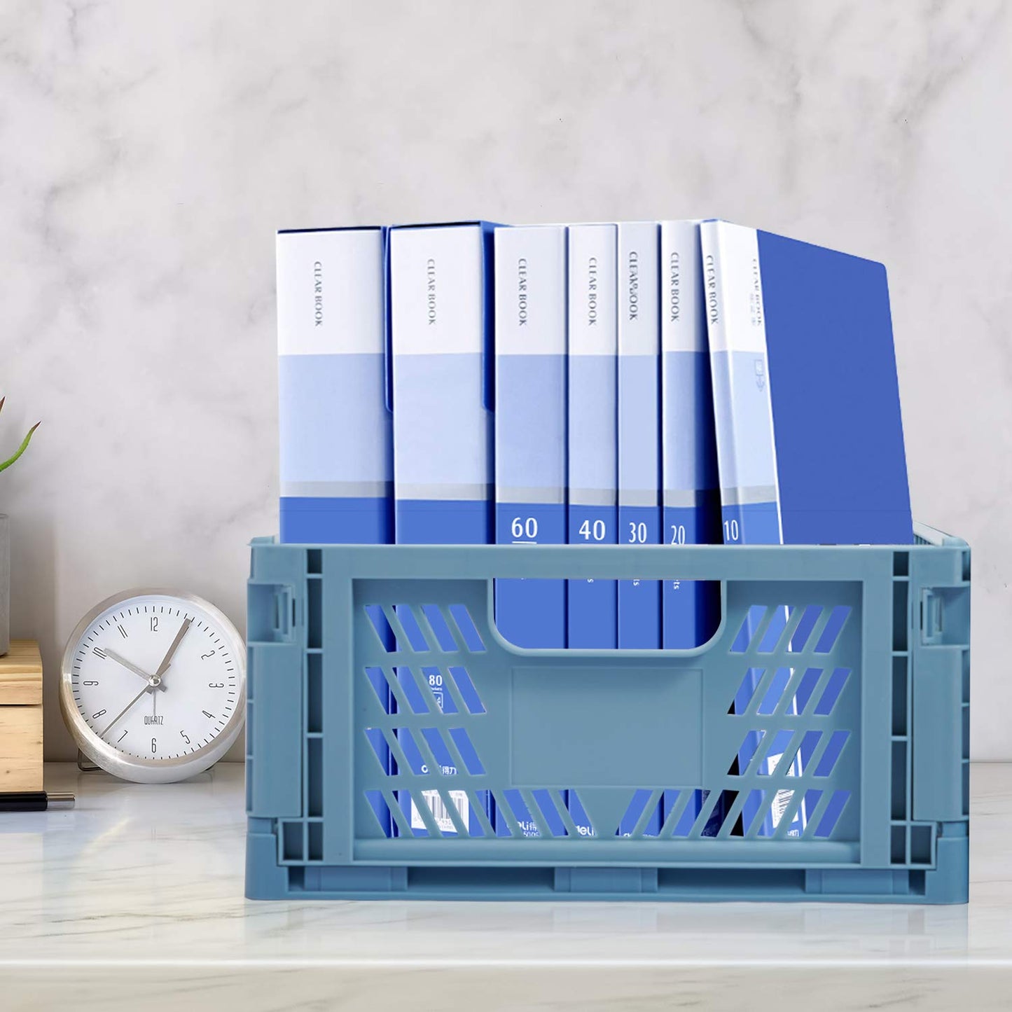4 Pack Plastic Storage Crates Foldable Shelf Storage Basket Bins for Food Fruit Vegetables Snacks Bottles Toys Toiletries