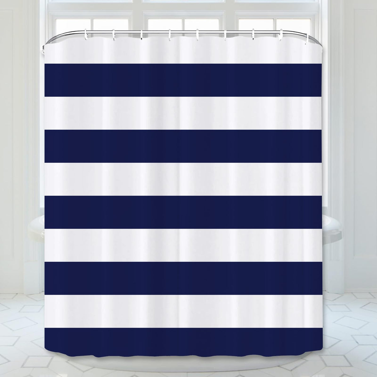Abaysto Navy Blue Shower Curtain Stripes, Blue and White Bathroom Decorations Curtain Durable Bathtub Showers Decor with Hooks