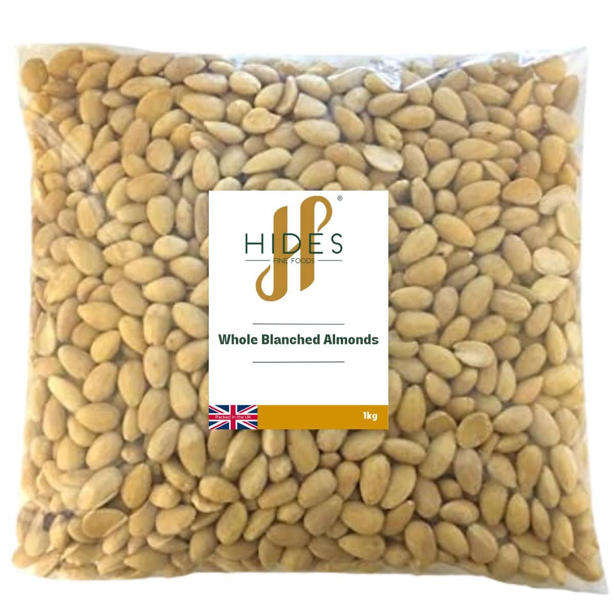Hides Fine Foods - Whole Blanched Almonds 1kg - GMO - Free - Suitable for Vegetarians - Cooking - Salads - Snacking - Desserts - Cakes - Cookies -