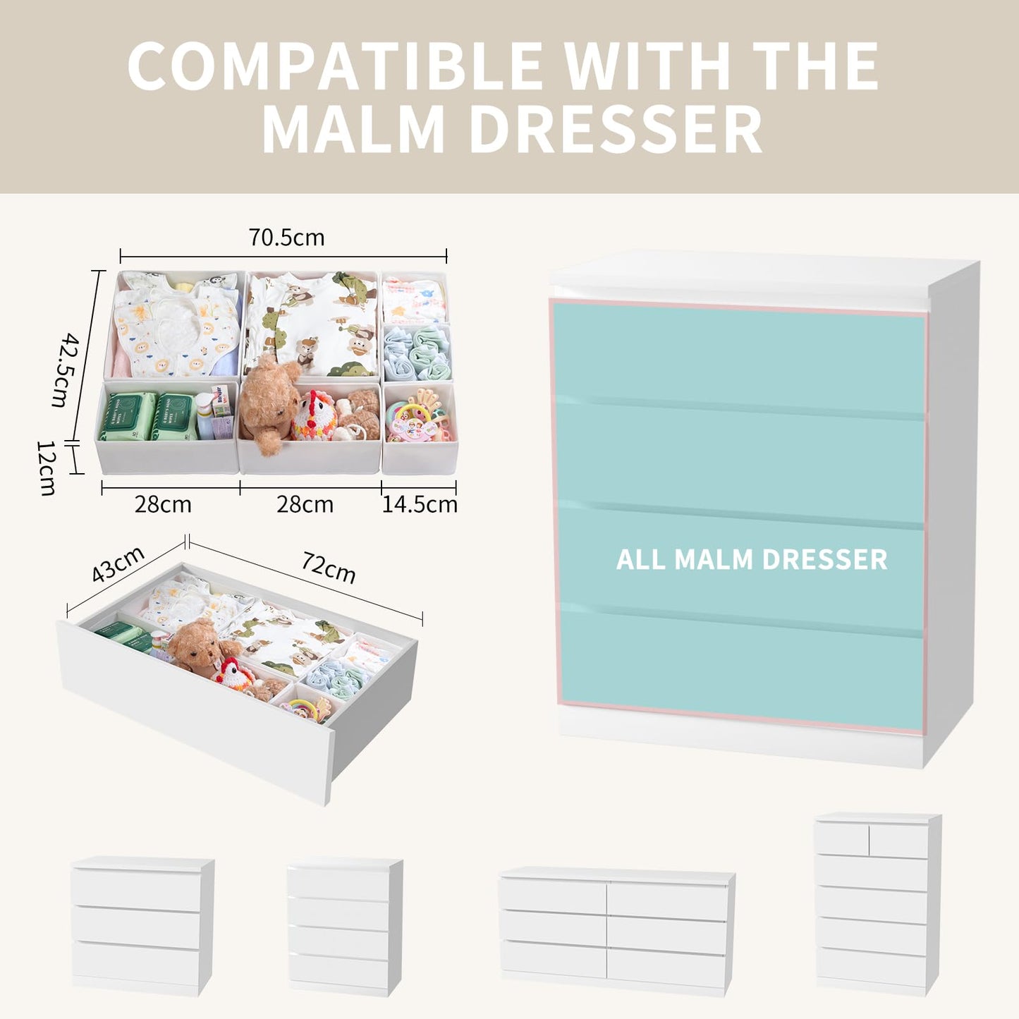 ORLISA Drawer Organiser for MALM Chest of Drawers, 7-Pack Clothes Drawer Dividers Set, Fabric Storage Boxes for Underwear, Socks & Baby Clothes