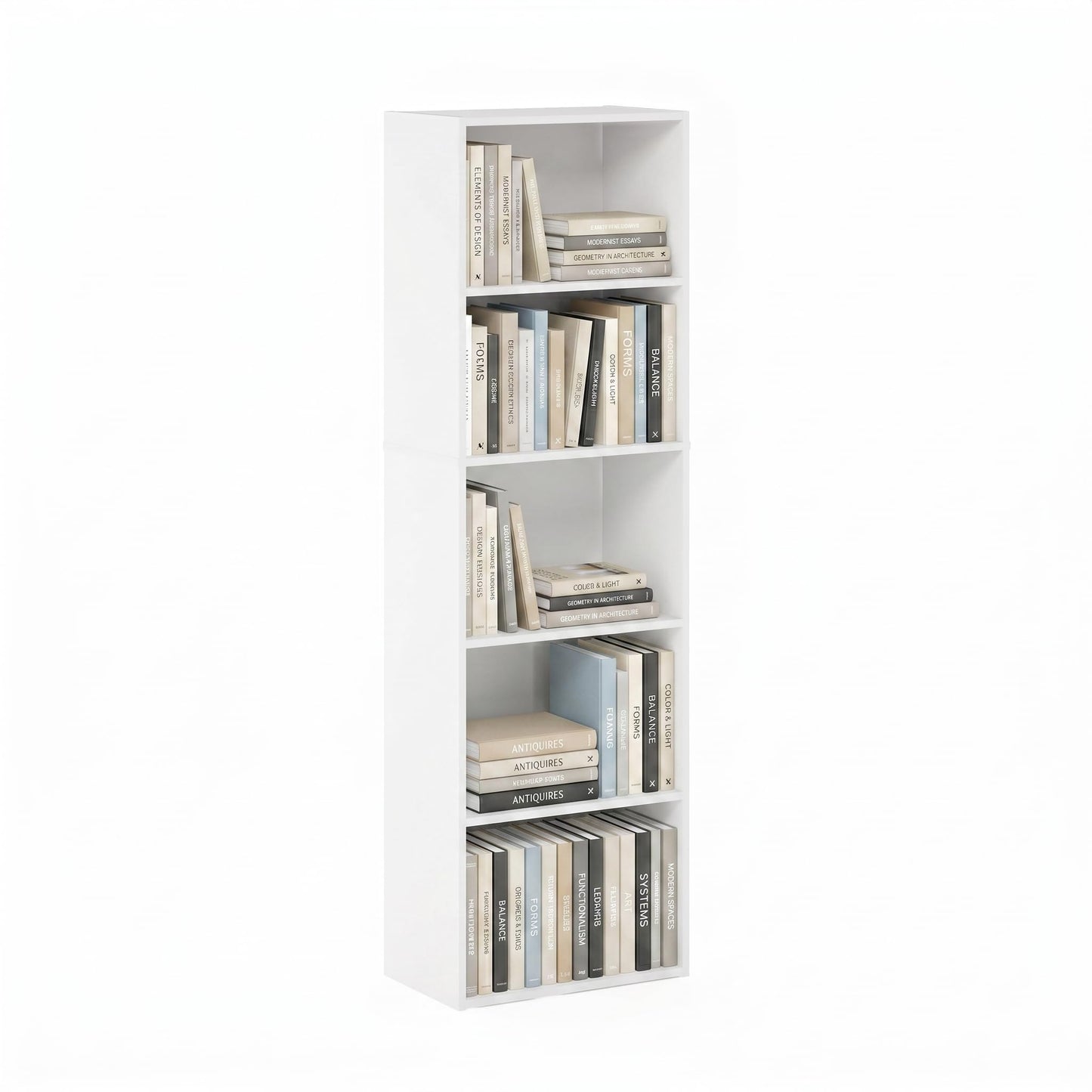 Furinno PASIR Book Shelf, 5-Tier Modern Bookshelf, Open Shelves Bookcase 9 x 12 x 52, for Living Room, Bedroom, Home Office, White