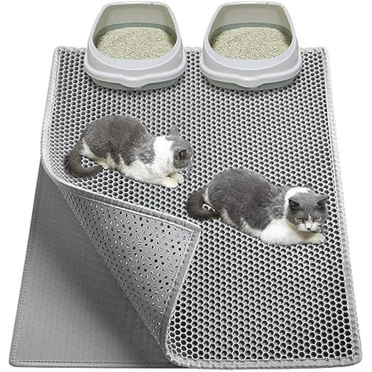 Garoopion Cat Litter Mat, 90 X 76 cm EVA Litter Trapping Mat, Double Layer Honeycomb Holes Design, Grey, 1 Side Connected
