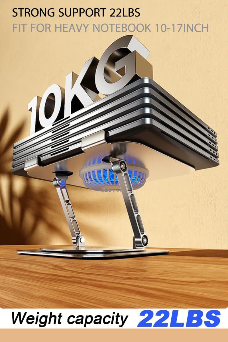 KEROLFFU Laptop Stand Fan with 360 Rotating Swivel Base, 10inch Riser Height Adjustable for Typing/Viewing/Presentation,Metal Ergonomic Strong