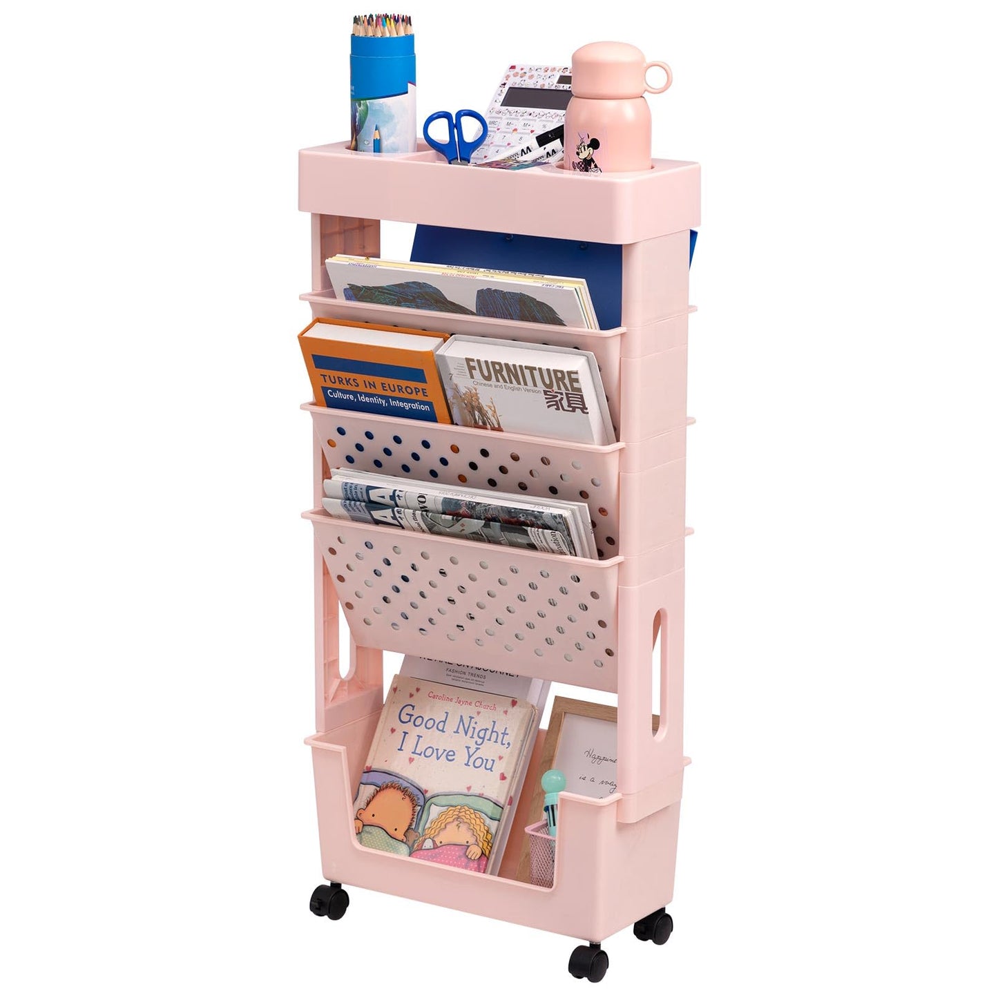 DOEWORKS Mobile Bookshelf with Wheels Small Rolling Book Storage Trolley Craft Trolley Art Trolleys 5-Tier Slim Bookcase Movable Bookshelf for Living