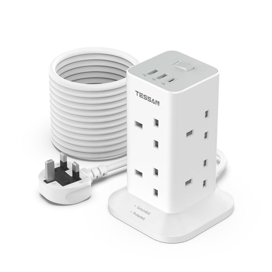 Tower Extension Lead 10M with USB C Slots, TESSAN 8 Way Multi Plug Extension Socket with Long Cable, Surge Protected Power Strip with Switch, for
