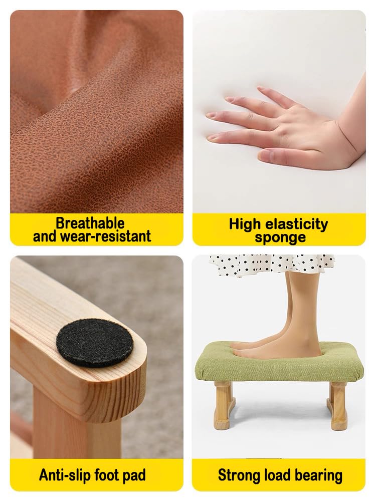 Foot Stool, Linen Fabric Ottoman Footstool with Removable Padded Cover, Small Pouffe Footstool with Stable Wooden Legs