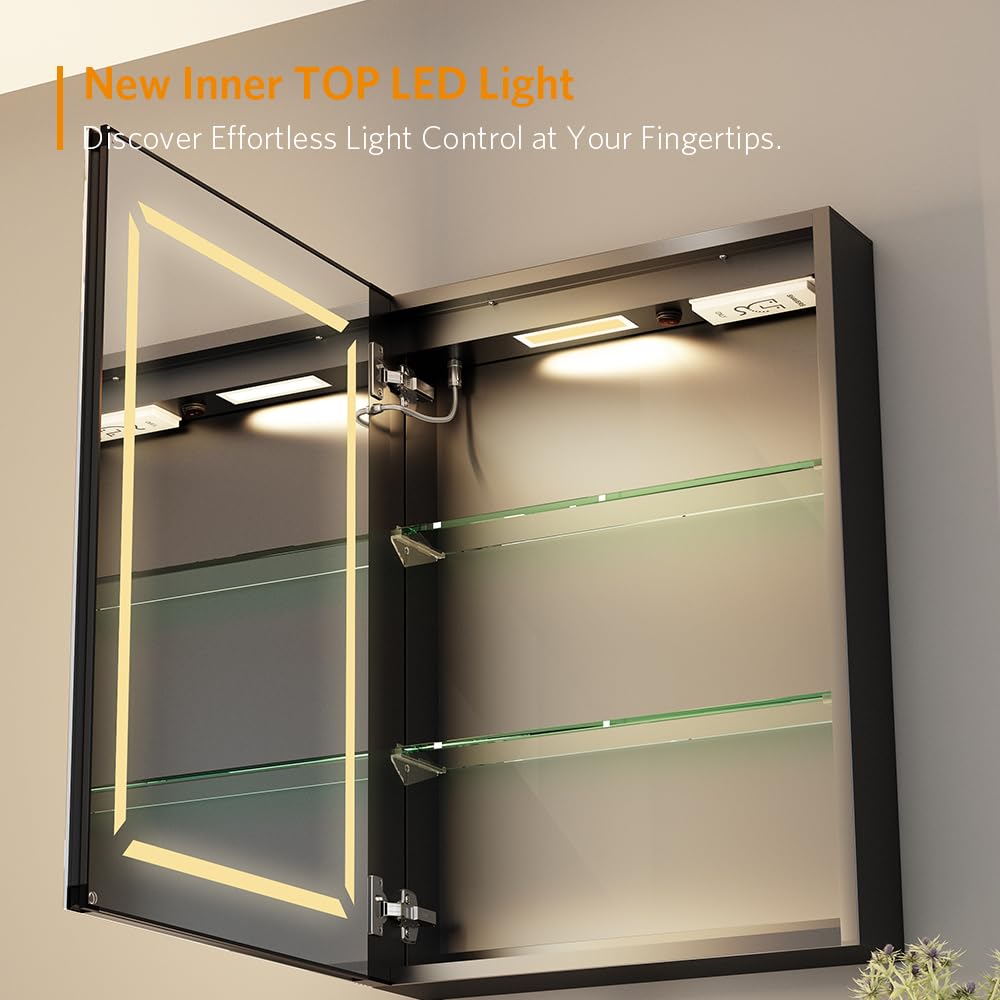 Quavikey® Black Bathroom Mirror Cabinets with Shaver Socket and Light, 50x70 cm LED Illuminated Bathroom Wall Cabinet with Mirror, Anti Fog