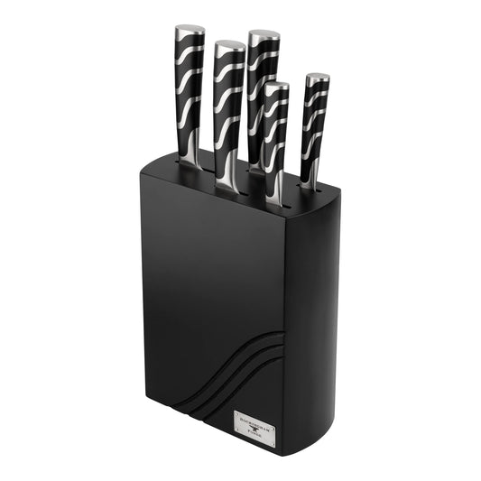 Rockingham Forge 128 Series 6-Piece Kitchen Knife Block Set, Includes 5 Knife Set with Knife Holder Block Stainless Steel Blades, Black Handles,