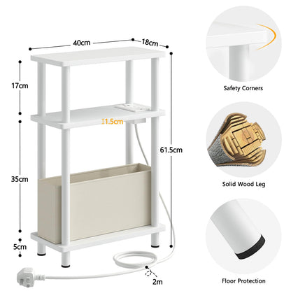 APICIZON Narrow Side Table, 3 Tier Bed Side Table, Slim End Table with Charging Station, for Living Room, Bedroom