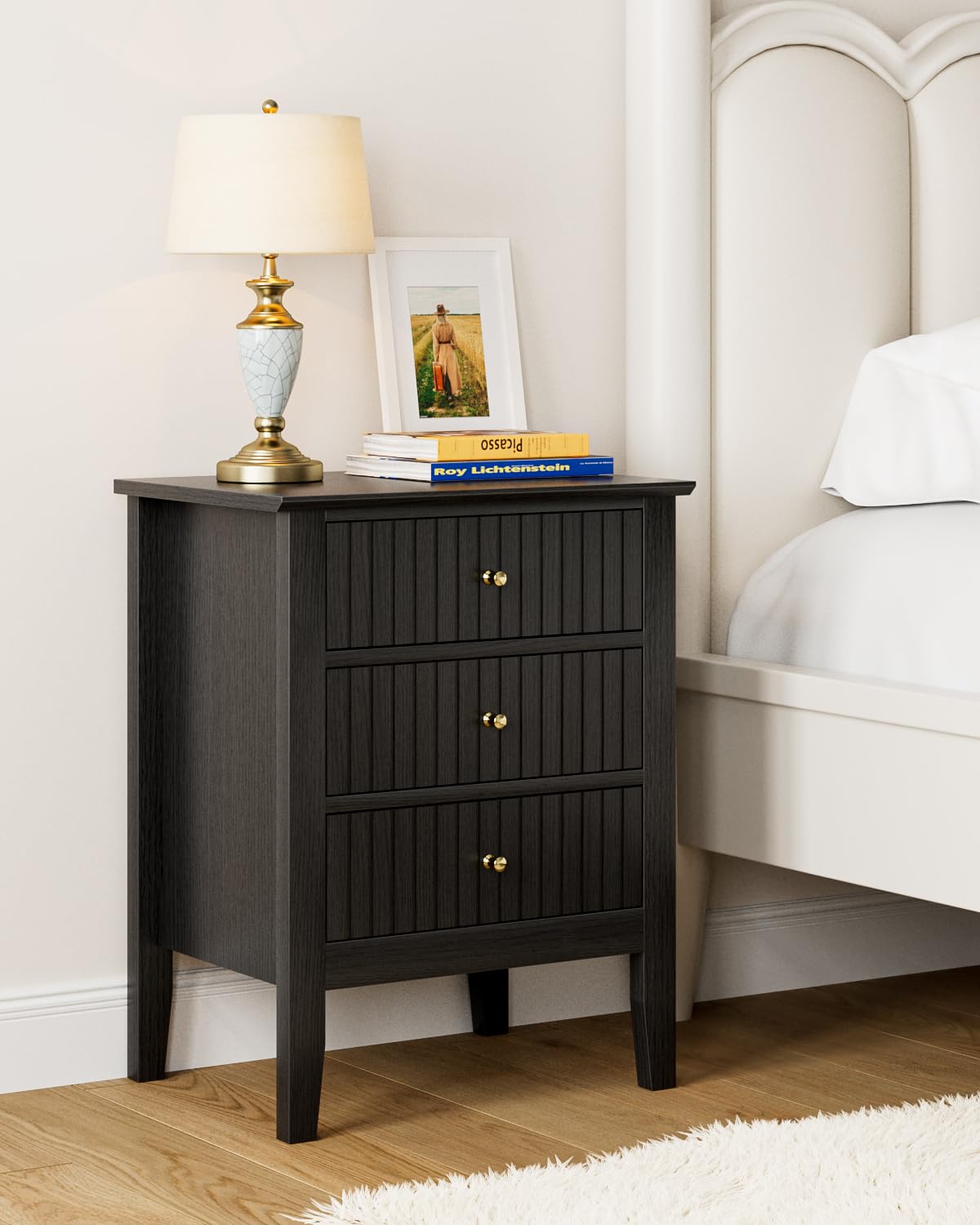 HEYZOEY Black Country Bedside Table, 3 Fluted Drawers, 17.8×13.3×24 in