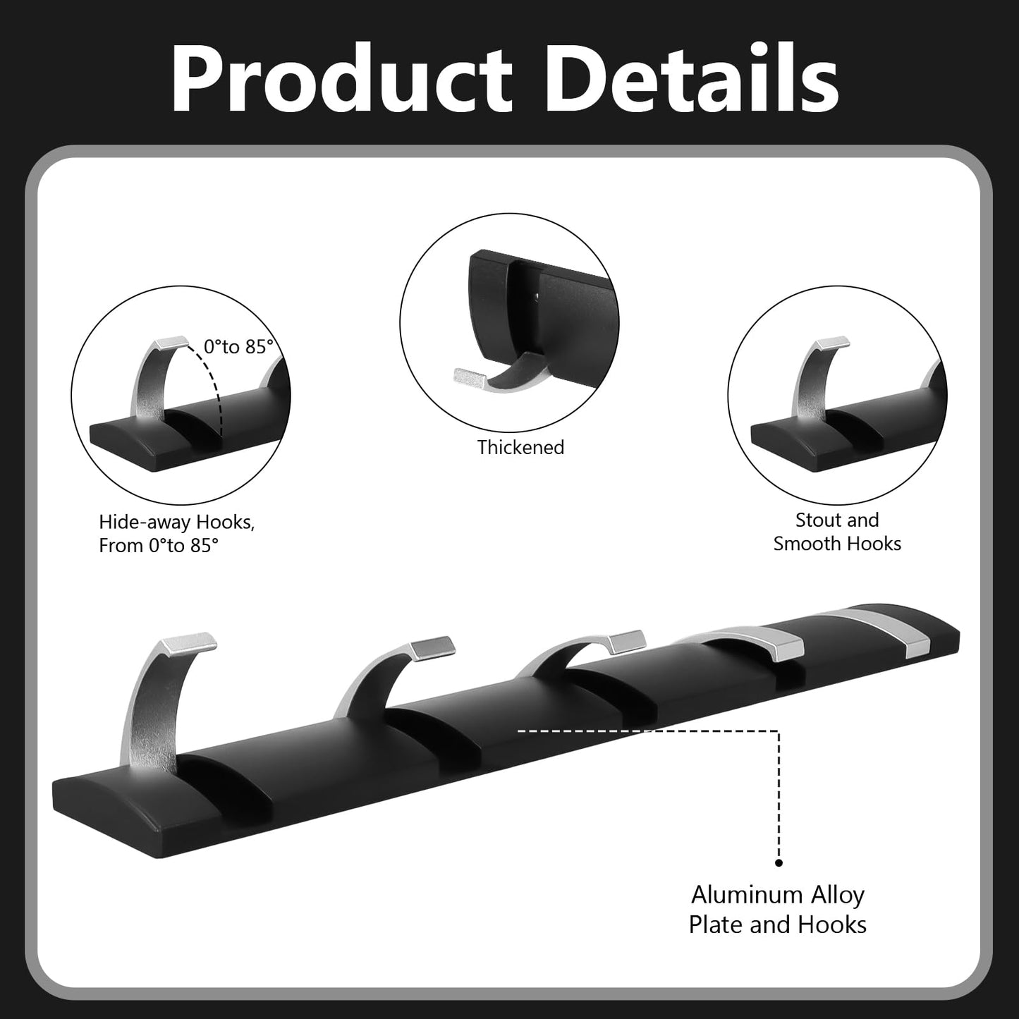 MSYU 2 Pack Retractable Wall-Mounted Coat Rack with 5 Hooks, Modern Space-Saving Clothes Hanger for Hats, Jackets & Bags