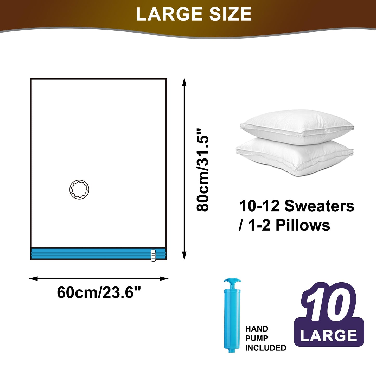 Oumaru Vacuum Storage Bags for Clothes, Vacuum Bags, Space Saver Bags for Clothes, Duvets and Pillows, Hand Pump Included, Pack of 10, Large Size