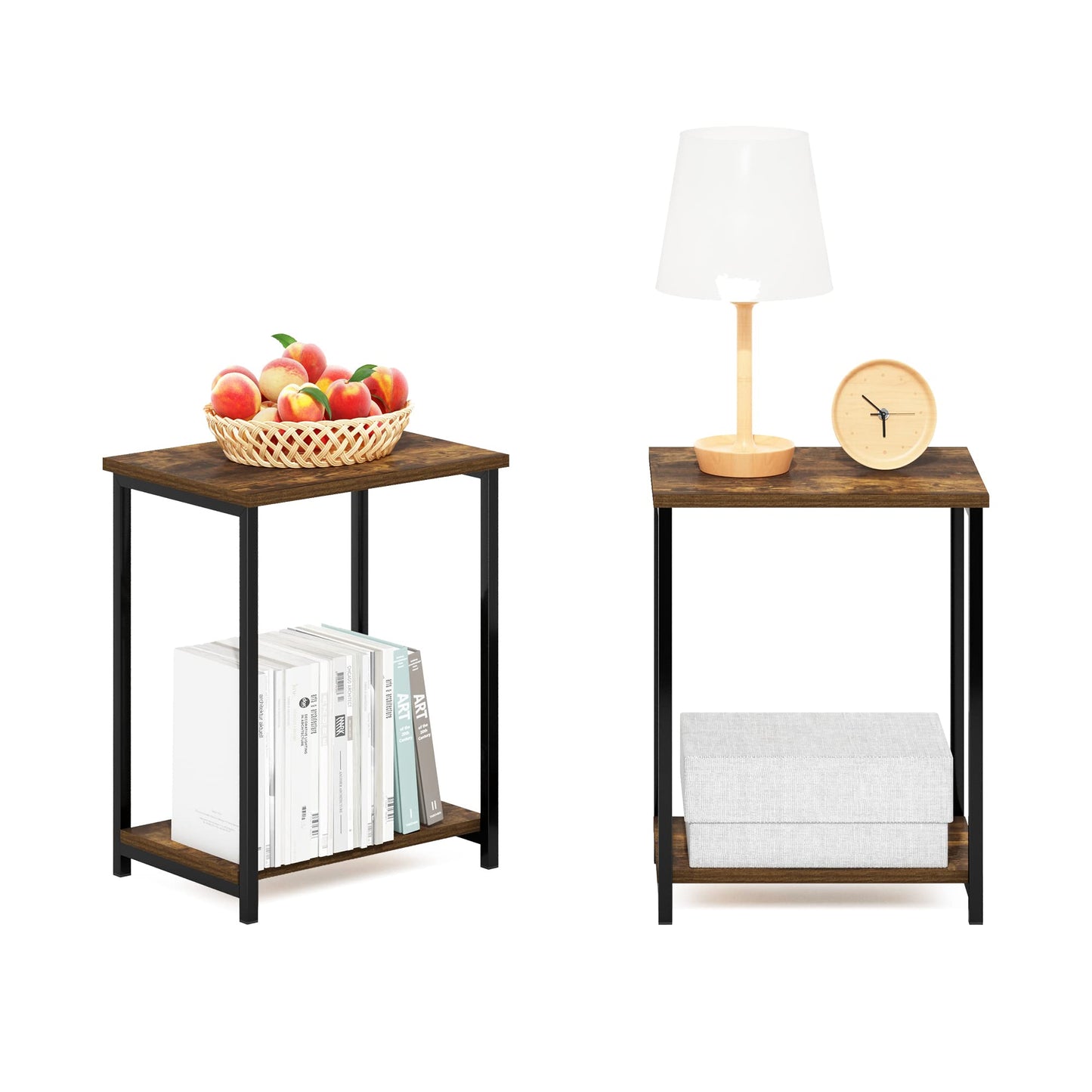 Furinno SIMPLISTIC Side Table Set of 2, 2-Tier Metal Frame End Table with Open Shelf, Night Stand, Bedside Table, for Living Room, Bedroom, Amber Pine