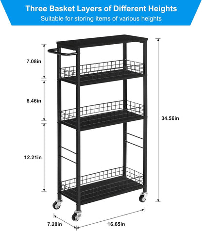 CADUKE Slim Storage Cart Kitchen Rolling Utility Cart on Wheels 4 Tier Mobile Narrow Cart with Wood and Metal Handle Slide Out Storage Shelving Unit