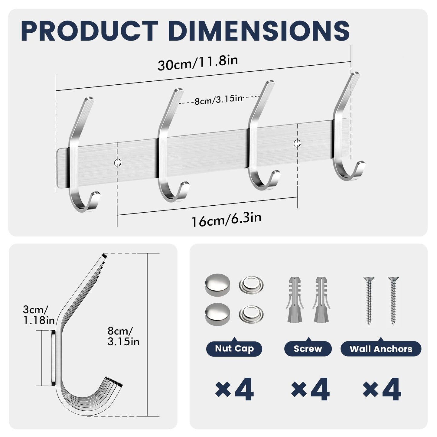 TINIFO Coat Hooks Wall Mounted - Stainless Steel Coat Rack 4 Hook (2 Pack), Silver
