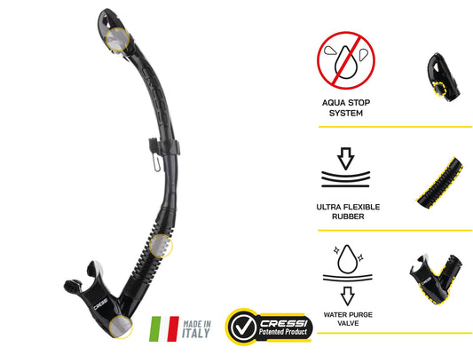 Cressi Itaca Ultra Dry Snorkel - Snorkel Dry for Free Diving and Snorkeling, Black/Black, One Size, Unisex Adult