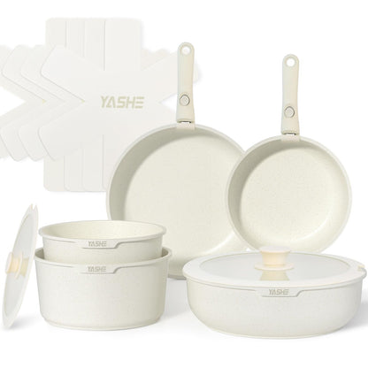 YASHE 13Pcs Pots and Pans Sets Non Stick, Kitchen Cookware Sets, Induction Pan Set for RV Set, Pans with Detachable Handle, Granite White, Oven Safe,
