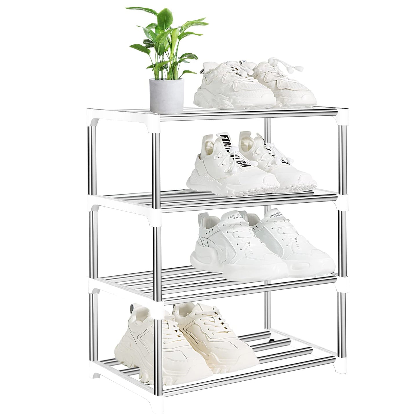 OLYREO White Small Shoe Rack 4 Tier Shoe Racks Storage for Hallway, Closet