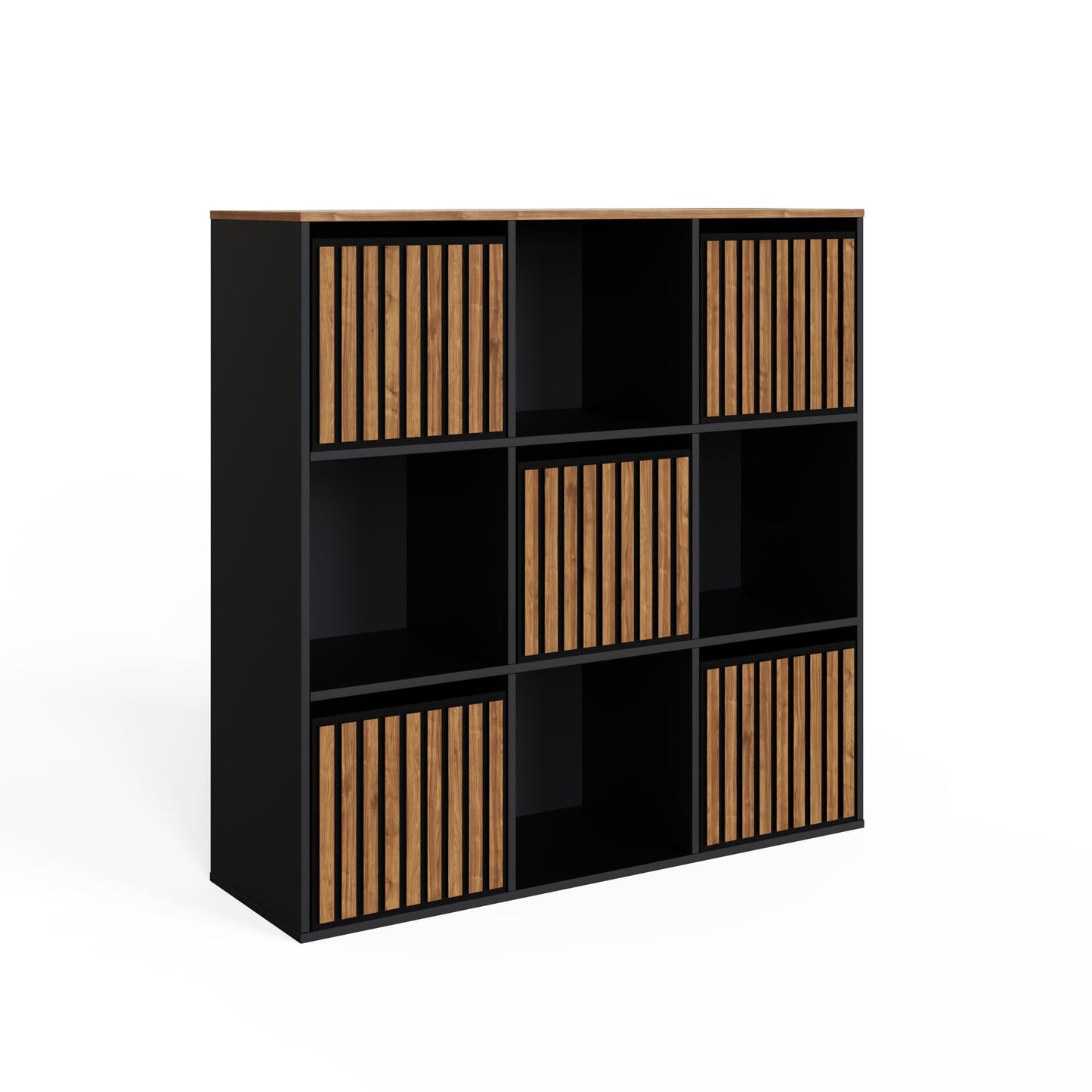 GFW Kube Cube 3x3 Storage Unit, Black & Walnut Effect Shelving Unit with Open & Hidden Storage