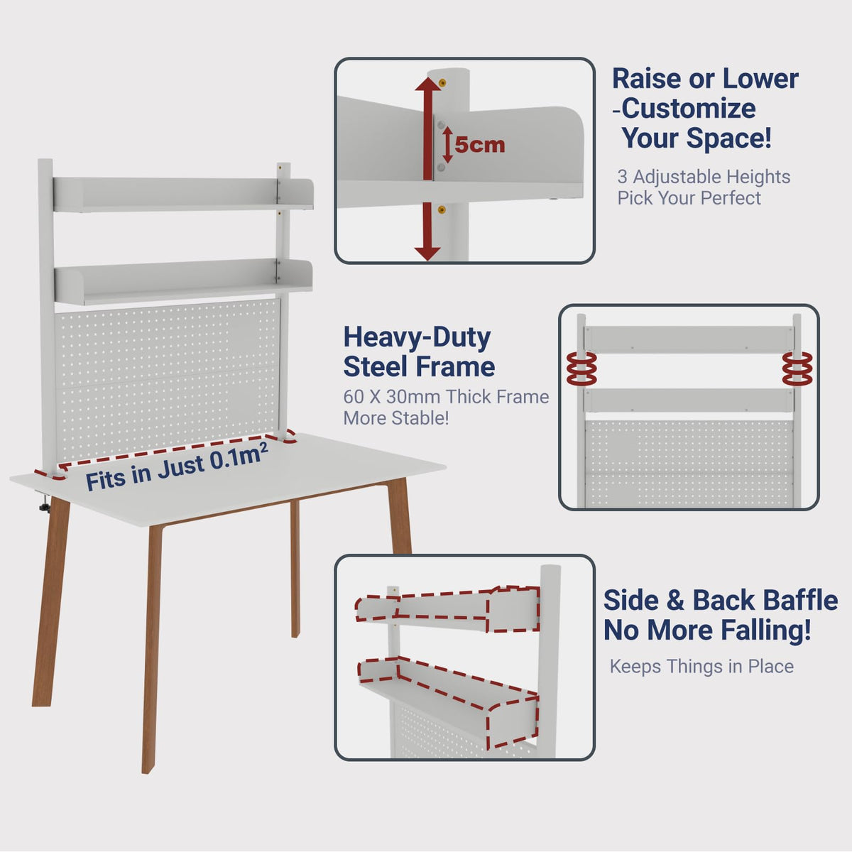 Boltmol Clamp-on 2-Tier Desk Shelf,White 80CM, Desktop Organizer With Pegboard, Countertop Storage Bookcase For Home, Office Or Dorm