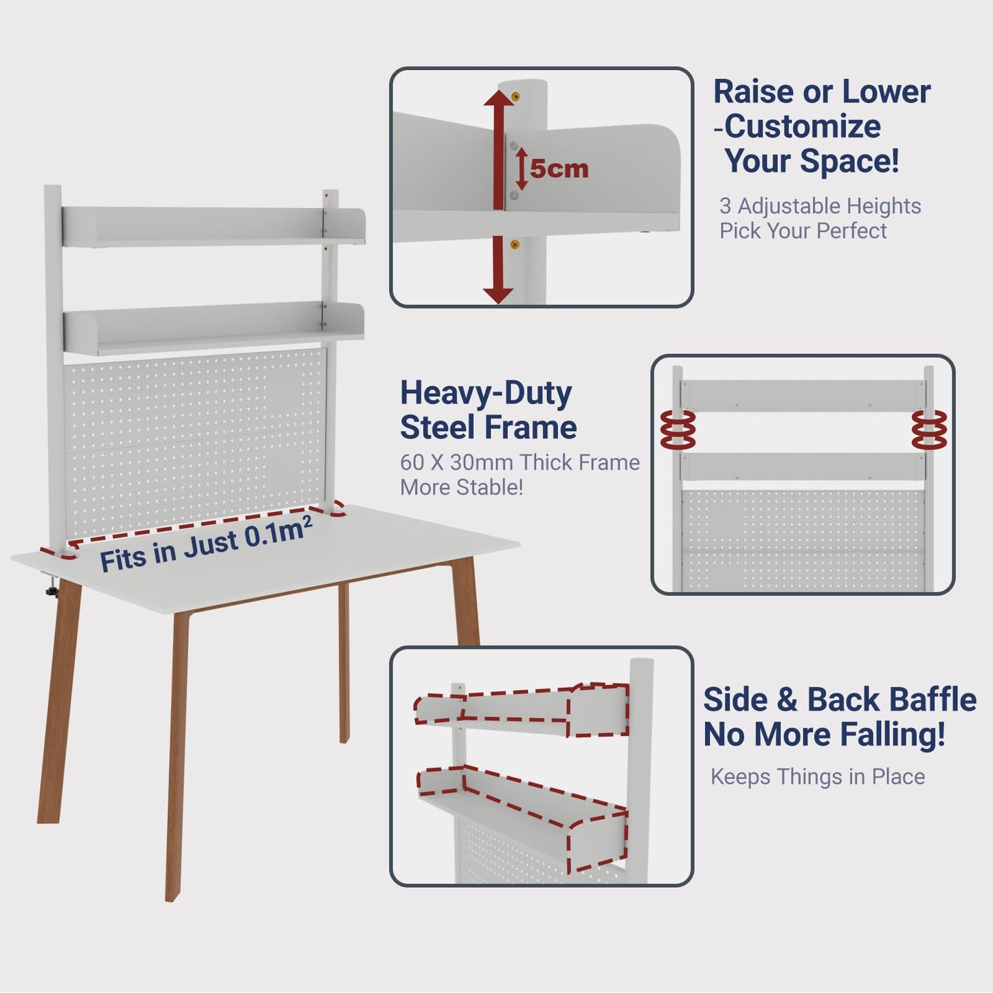 Boltmol Clamp-on 2-Tier Desk Shelf,Beige 80CM, Desktop Organizer With Pegboard, Countertop Storage Bookcase For Home, Office Or Dorm