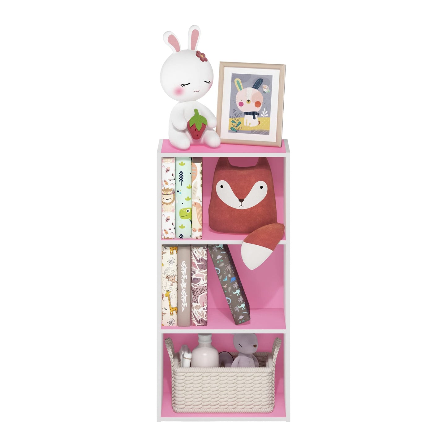 Furinno LUDER Book Shelf, 3-Tier Modern Bookshelf, Open Shelves Bookcase 9.3 x 16 x 31.4, for Living Room, Bedroom, Home Office, Pink/White
