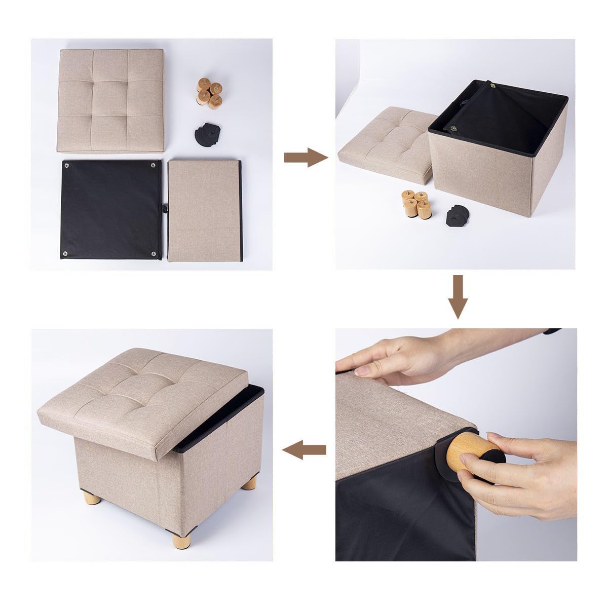 BRIAN & DANY Folding Ottoman Storage Box with Wood Legs, Linen Foot Stool, Footstool with Storage, Highly Elastic Sponge Filling, Beige, 38 x 38 x 38