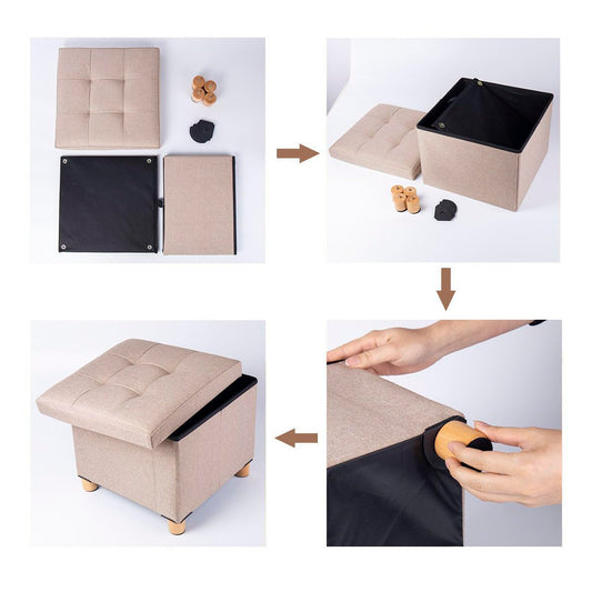 BRIAN & DANY Folding Ottoman Storage Box with Wood Legs, Linen Foot Stool, Footstool with Storage, Highly Elastic Sponge Filling, Beige, 38 x 38 x 38