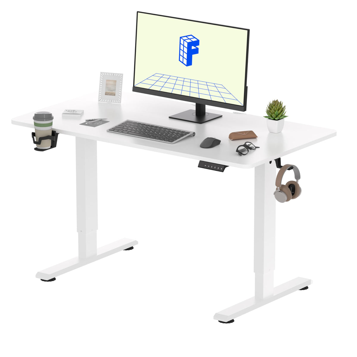 FLEXISPOT ONE PIECE Electric Standing Desk, Height Adjustable Ergonomic Stand up with Backpack Hook, Cup Holder and 4 Memory Preset, 110x54cm White