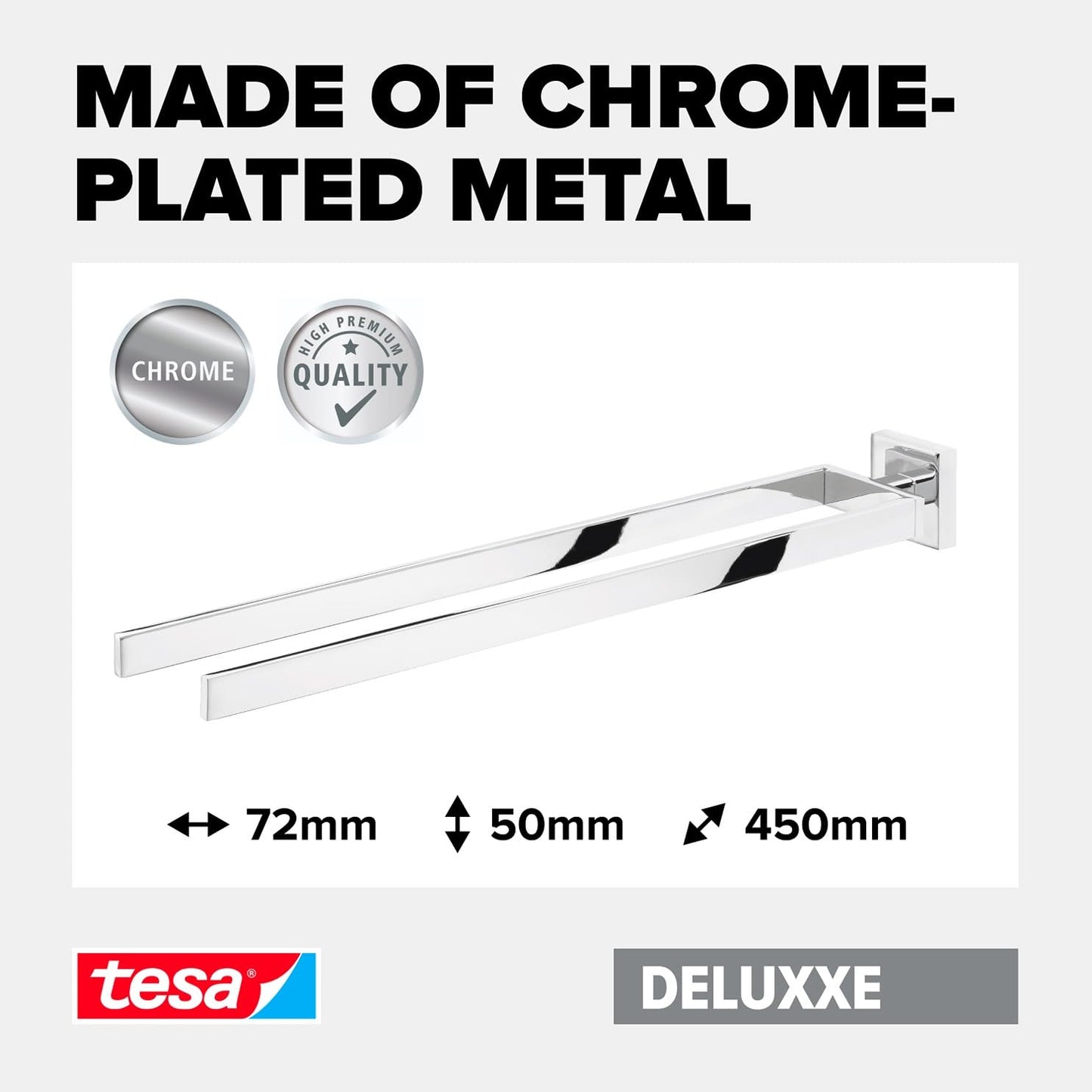 tesa DELUXXE Double Towel Holder - Wall-Mounted, Stainless-Steel Towel Holder with Two Swivel Arms - waterproof, incl. Power.Kit Adhesive Solution
